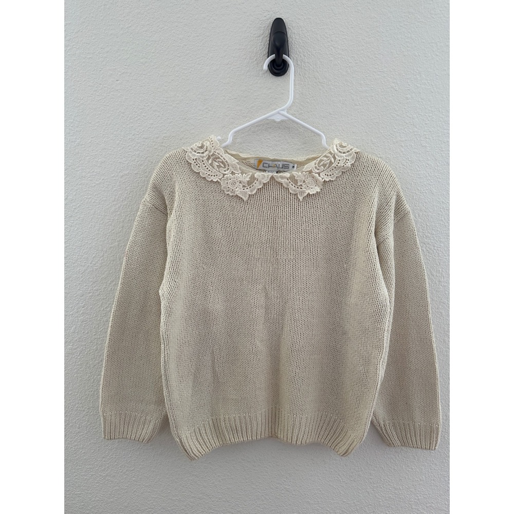VTG Dead stock Chaus Cream Silk Blend Lace Collar Pullover Sweater Cottagecore M